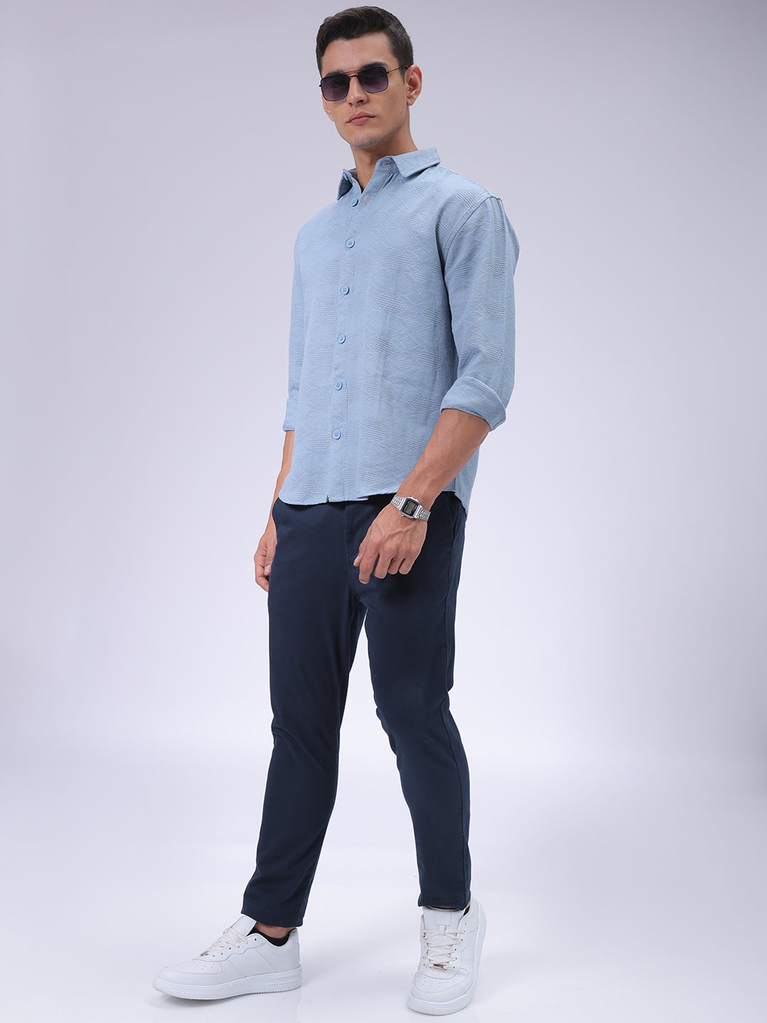 Men's Blue Relaxed Fit Textured Shirt