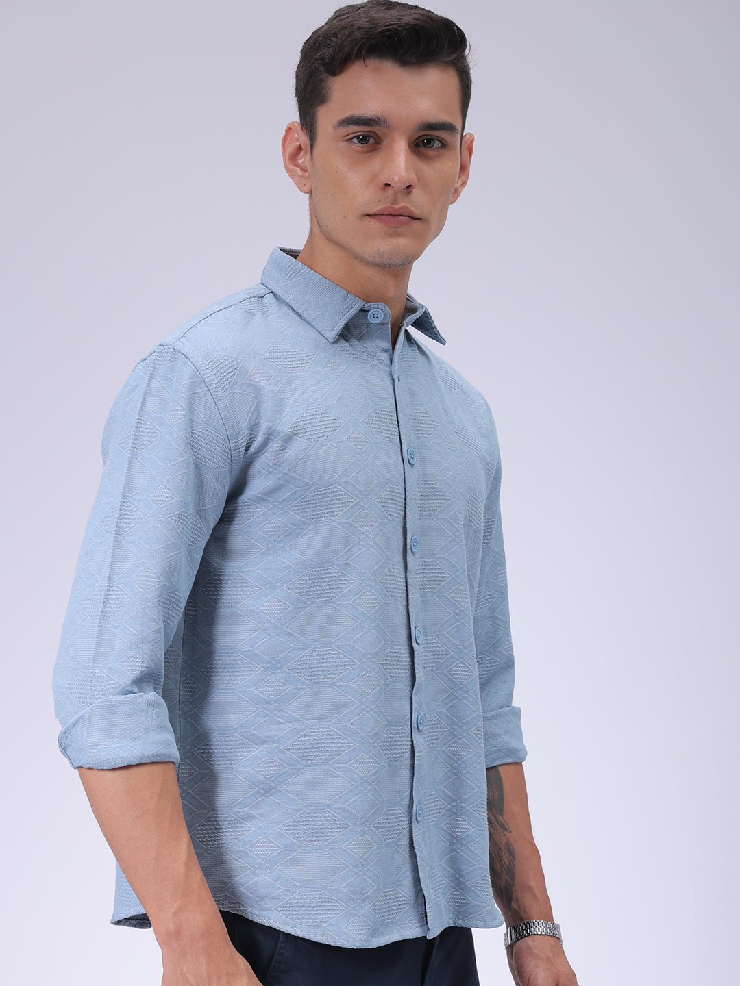 Men's Blue Relaxed Fit Textured Shirt