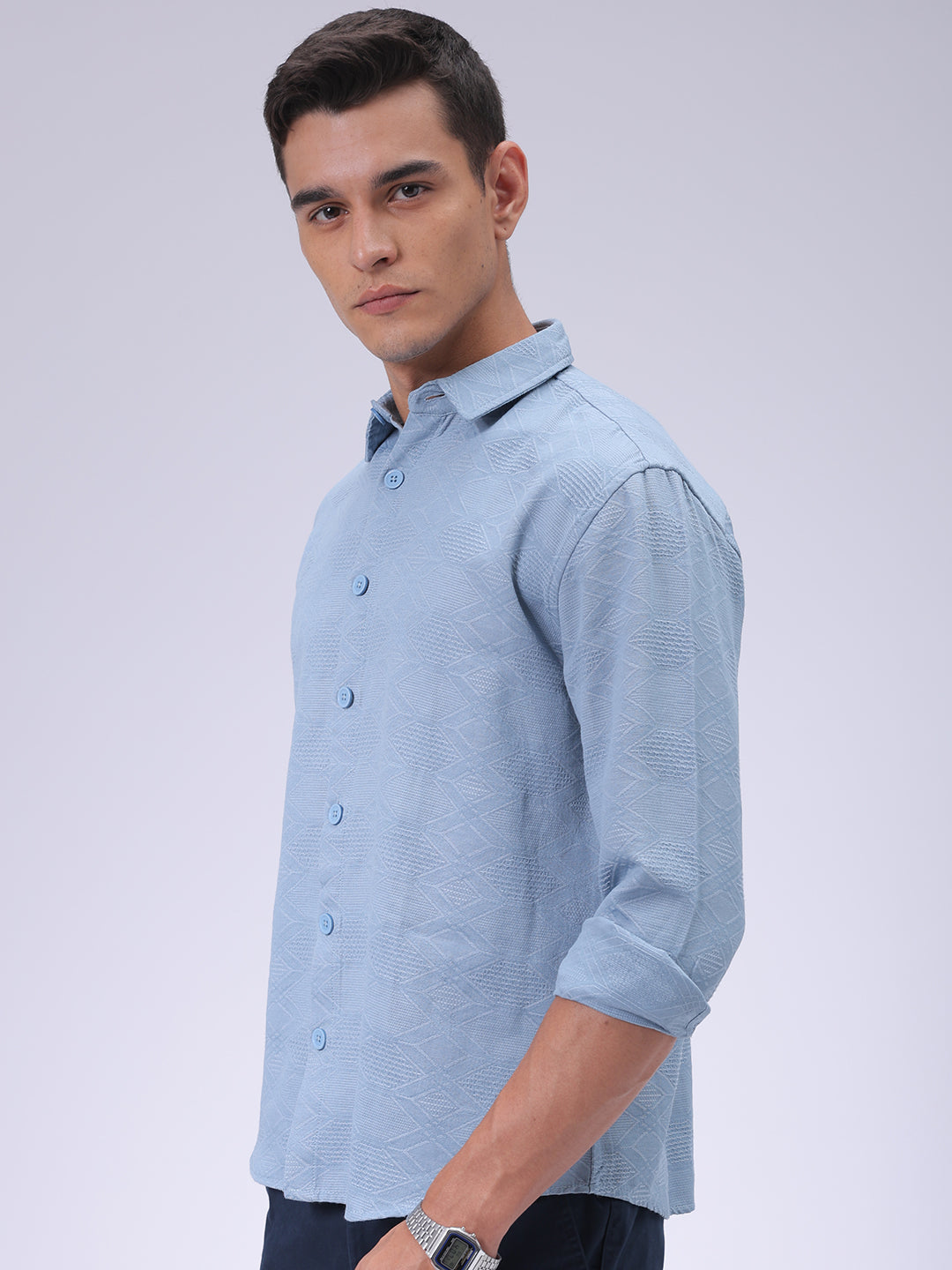 Men's Blue Relaxed Fit Textured Shirt