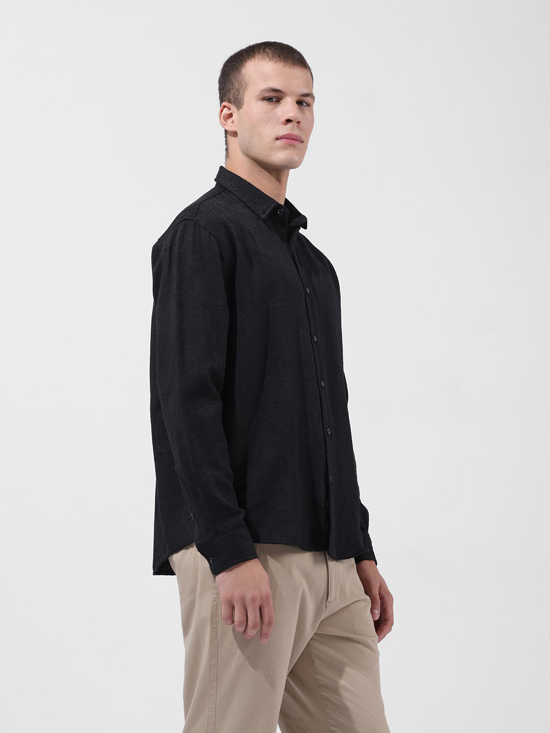 Men's Black Relaxed Fit Solid Resort Wear Shirt