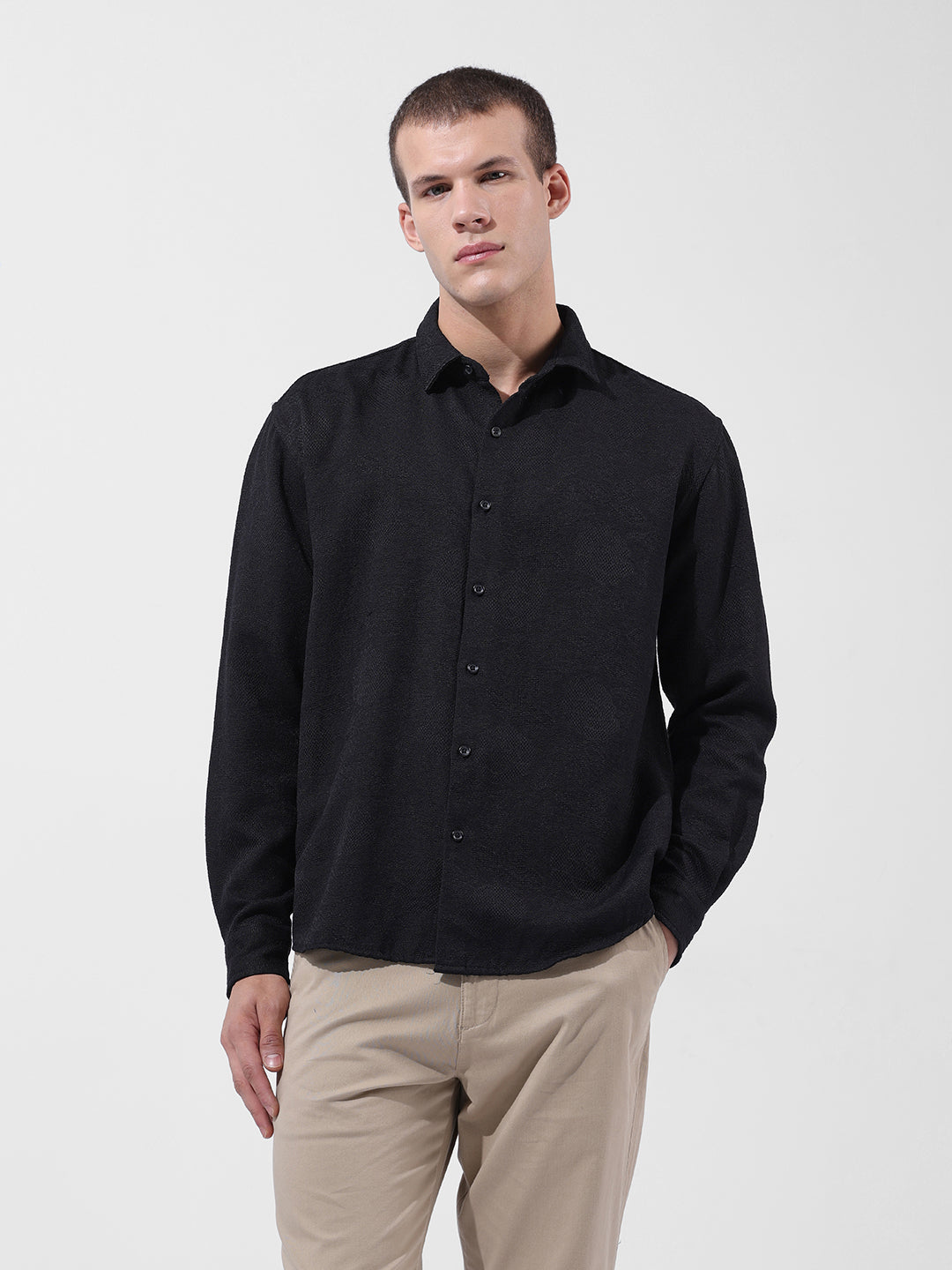 Men's Black Relaxed Fit Solid Resort Wear Shirt