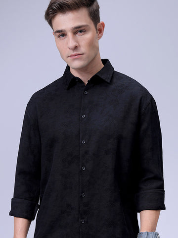Men's Black Relaxed Fit Solid Resort Wear Shirt