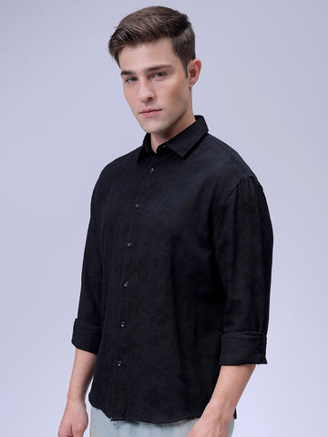 Men's Black Relaxed Fit Solid Resort Wear Shirt
