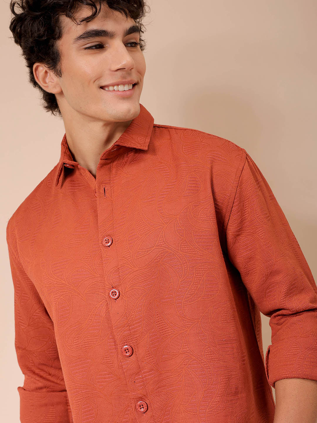 Men's Rust Relaxed Fit Solid Resortwear Textured Shirt