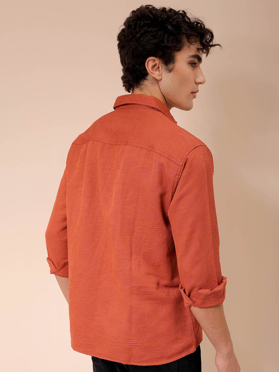 Men's Rust Relaxed Fit Solid Resortwear Textured Shirt