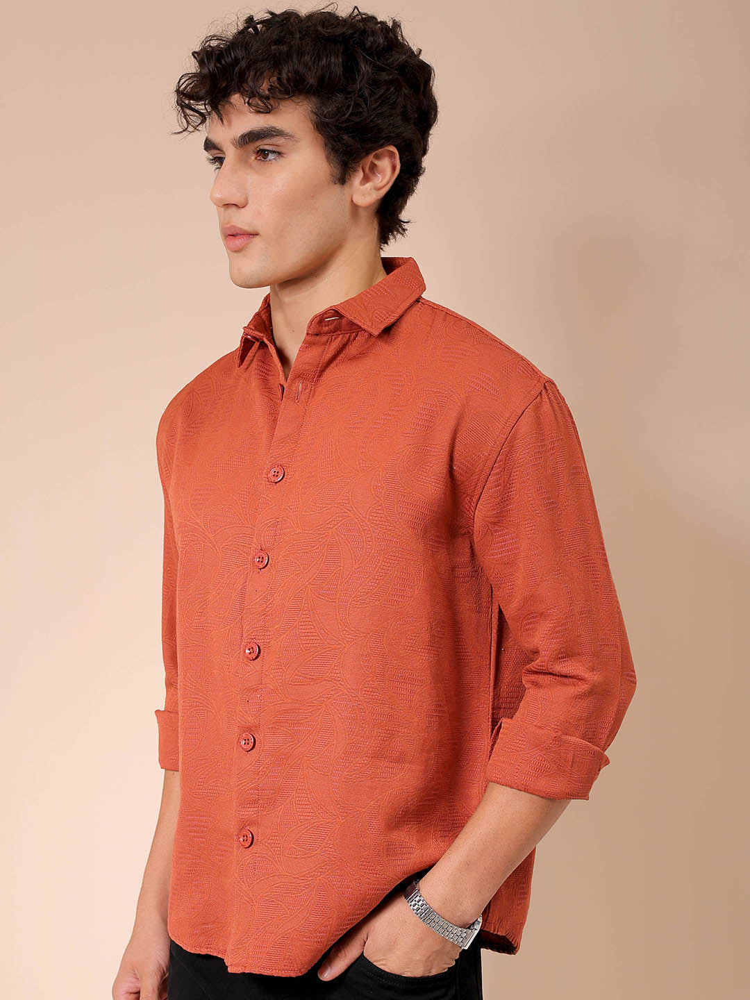 Men's Rust Relaxed Fit Solid Resortwear Textured Shirt