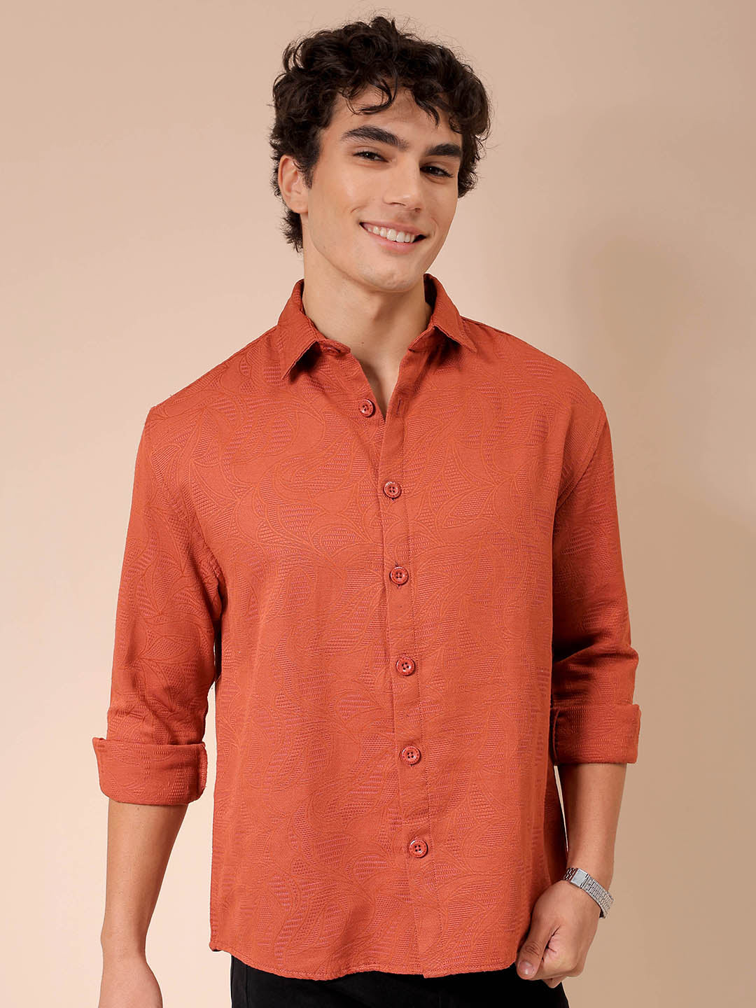 Men's Rust Relaxed Fit Solid Resortwear Textured Shirt