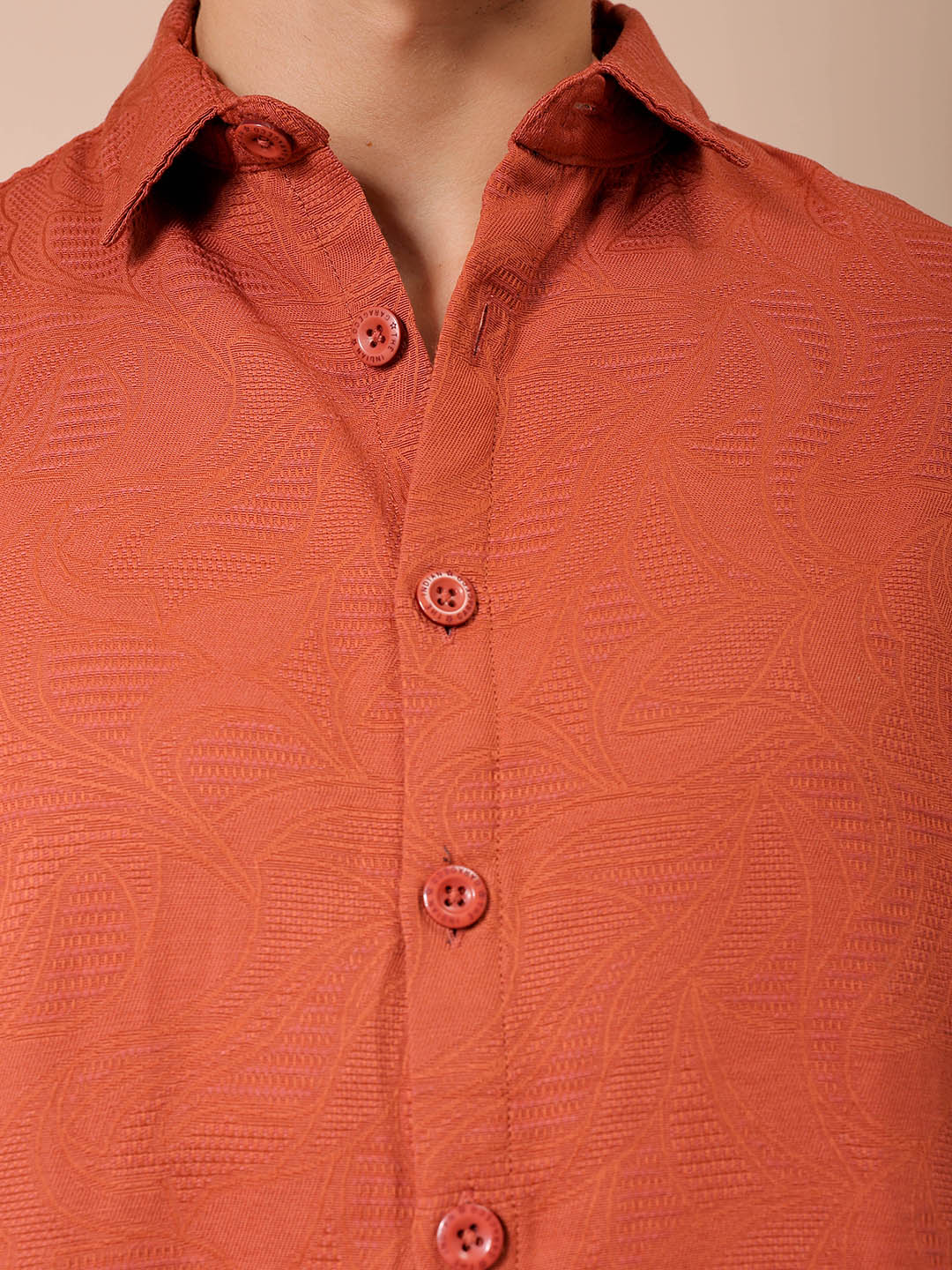 Men's Rust Relaxed Fit Solid Resortwear Textured Shirt