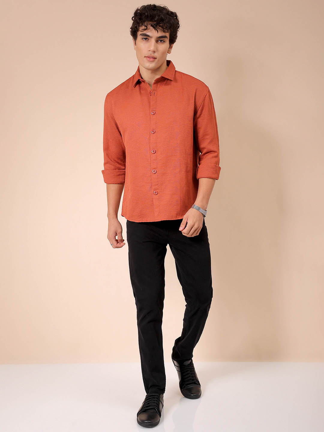 Men's Rust Relaxed Fit Solid Resortwear Textured Shirt