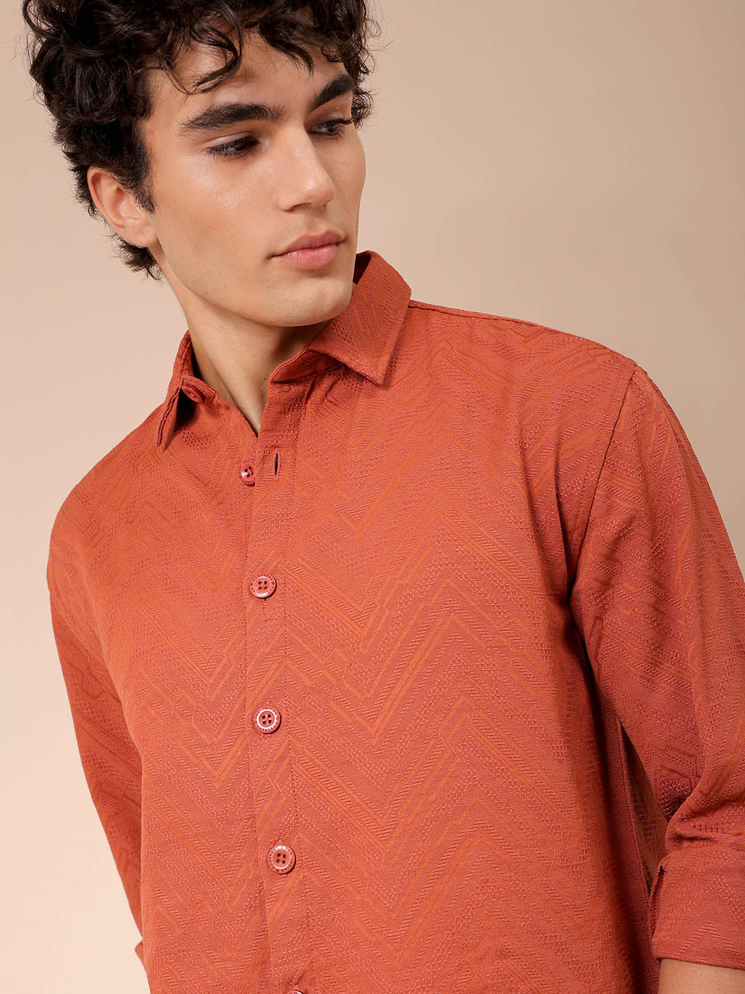 Men's Rust Relaxed Fit Solid Resortwear Textured Shirt