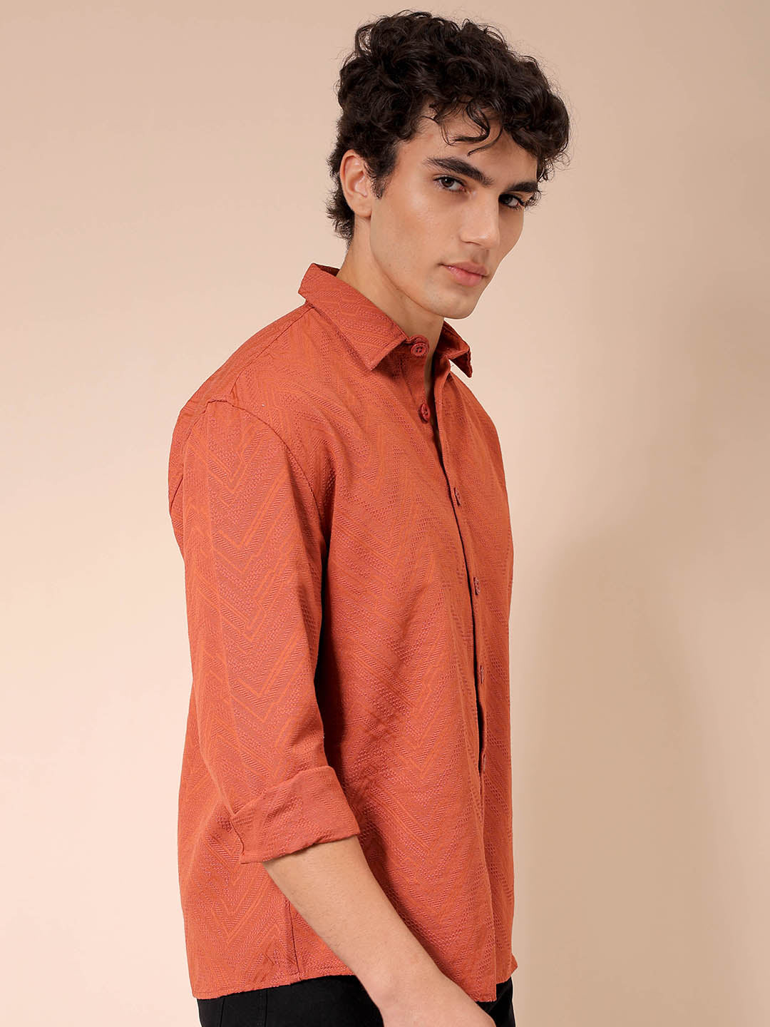 Men's Rust Relaxed Fit Solid Resortwear Textured Shirt