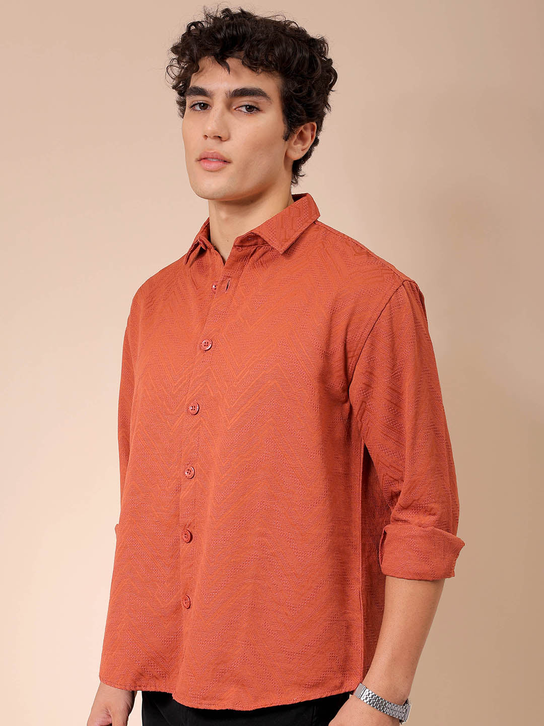 Men's Rust Relaxed Fit Solid Resortwear Textured Shirt