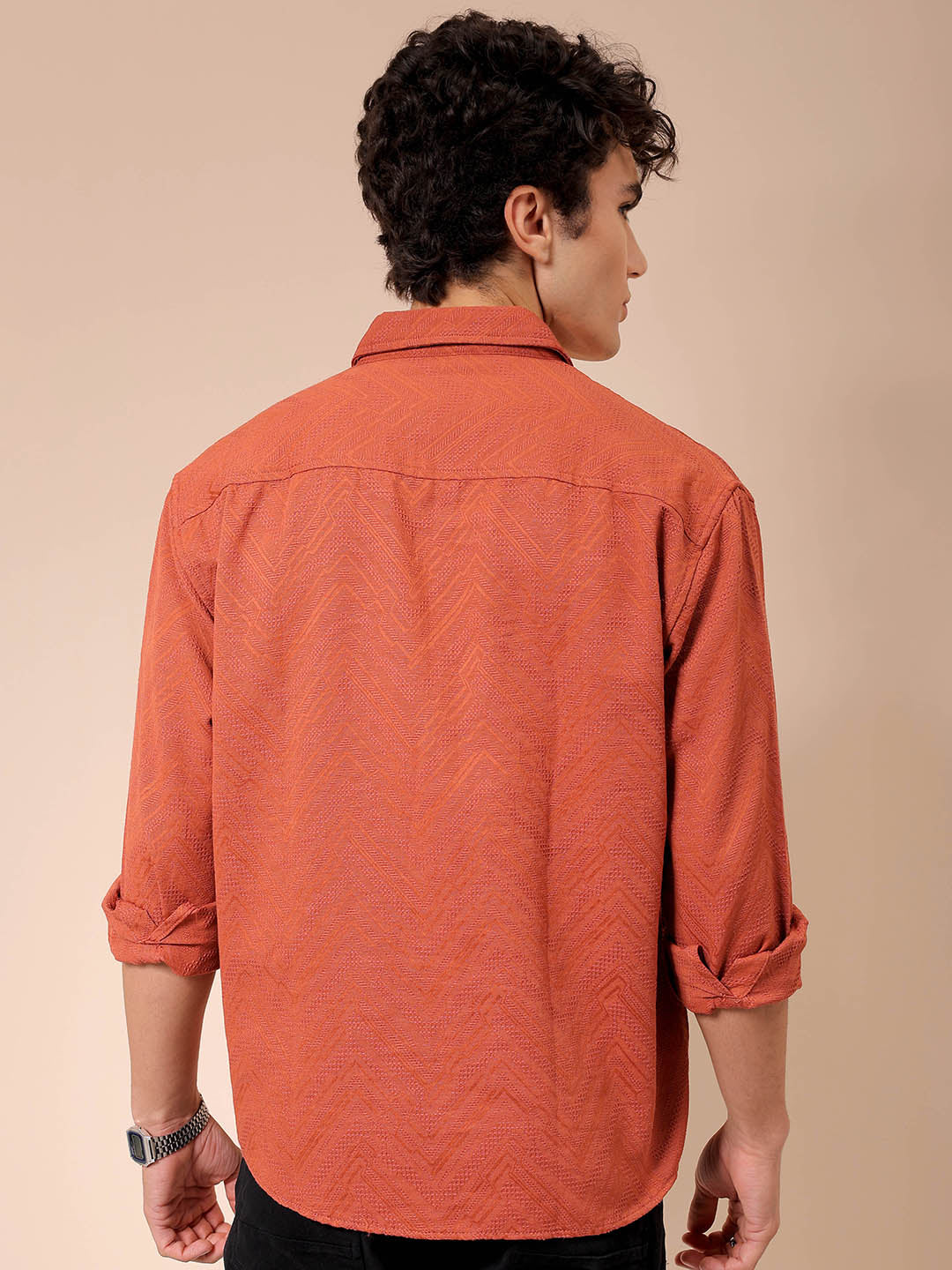 Men's Rust Relaxed Fit Solid Resortwear Textured Shirt