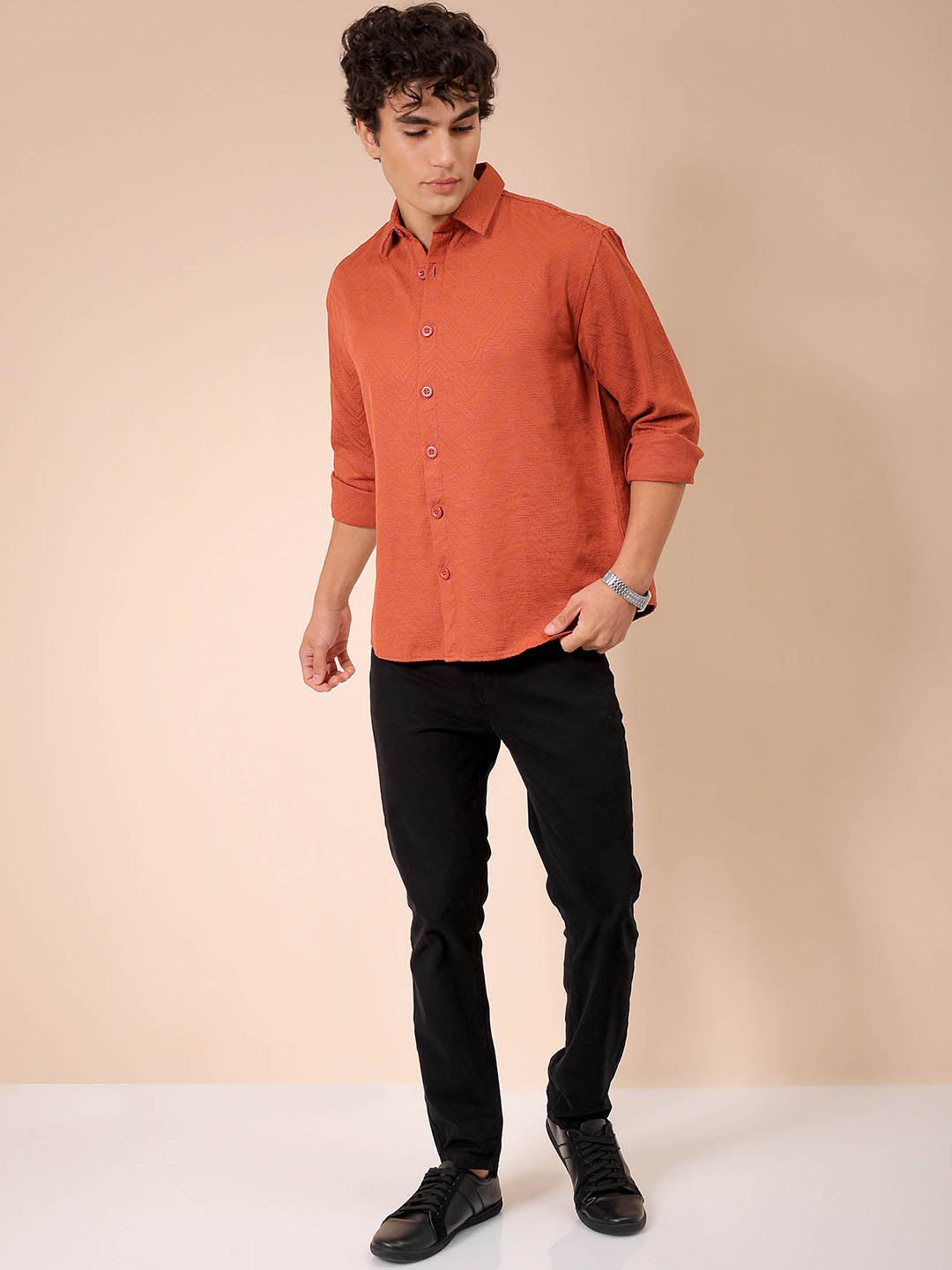 Men's Rust Relaxed Fit Solid Resortwear Textured Shirt