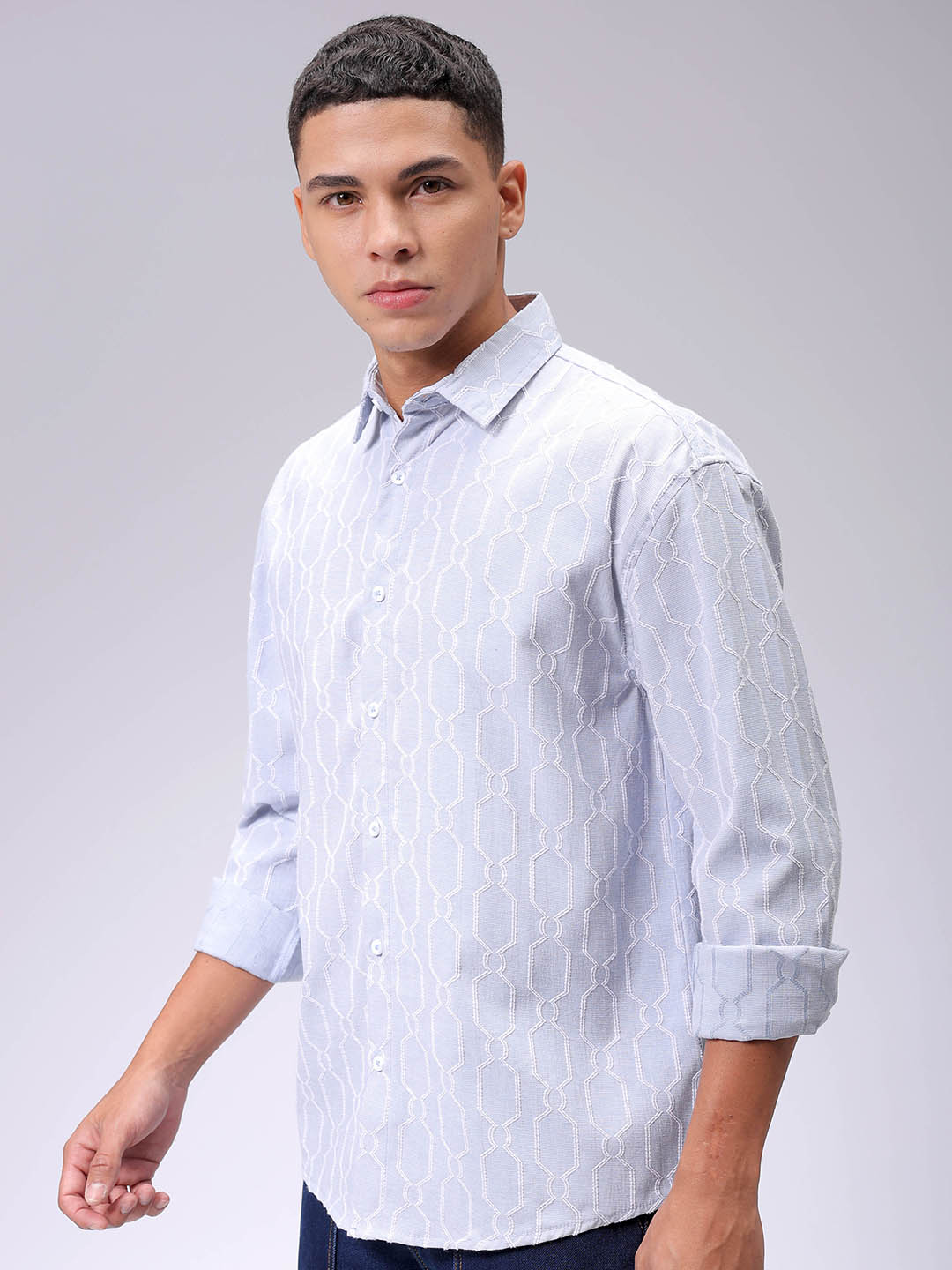 Men's Blue Relaxed Fit Textured Resortwear Shirt