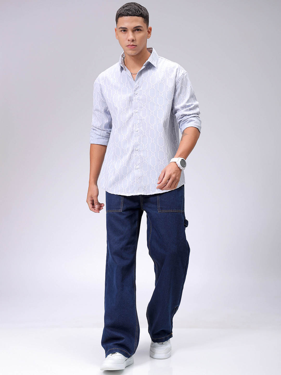 Men's Blue Relaxed Fit Textured Resortwear Shirt