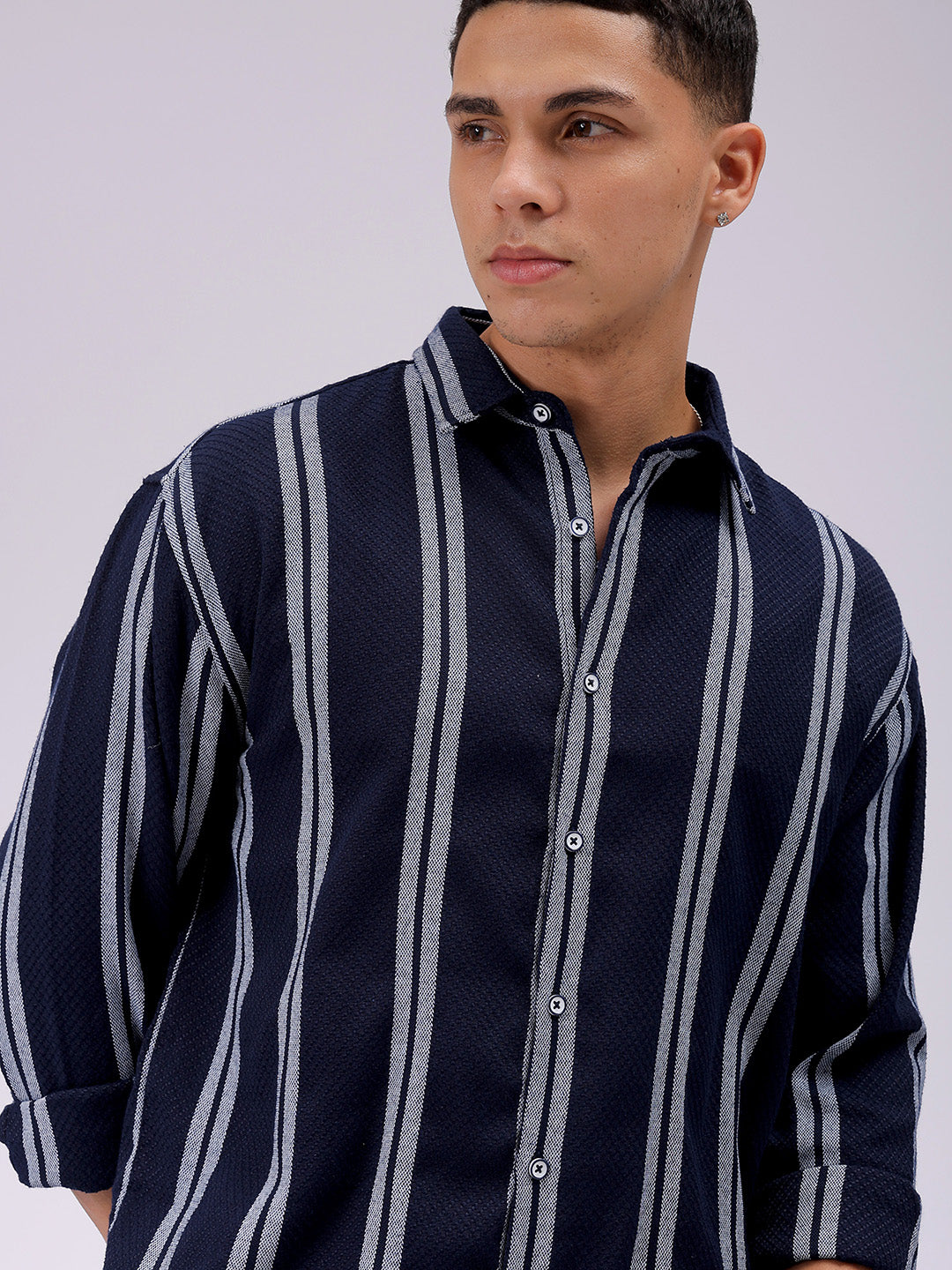 Men's Navy Blue Relaxed Fit Striped Resortwear Shirt