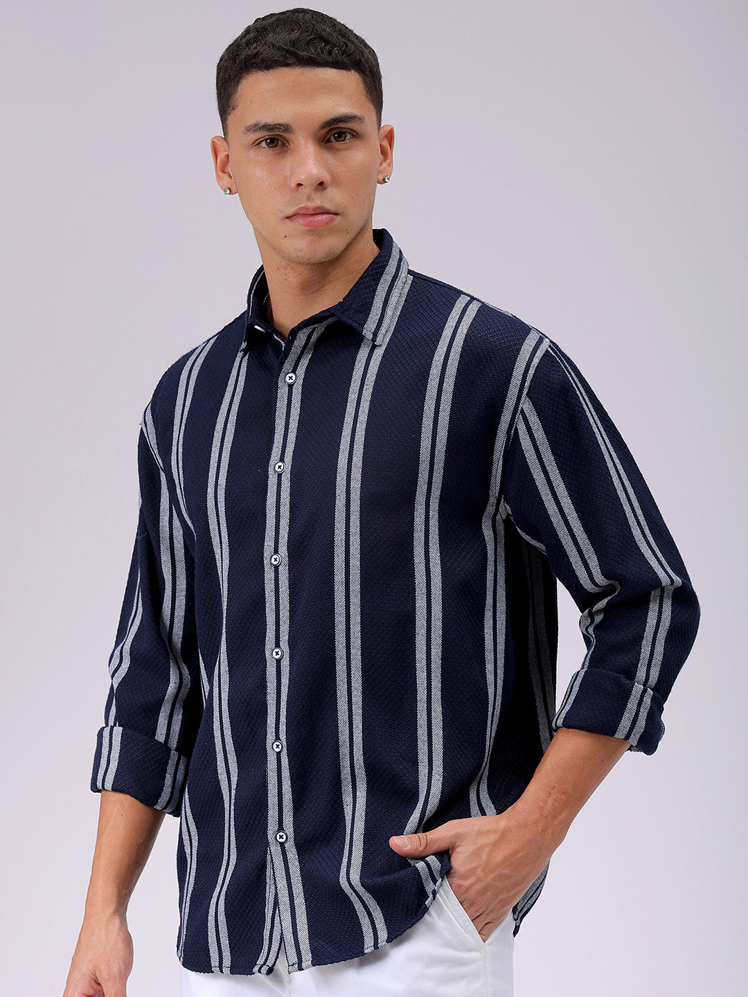 Men's Navy Blue Relaxed Fit Striped Resortwear Shirt