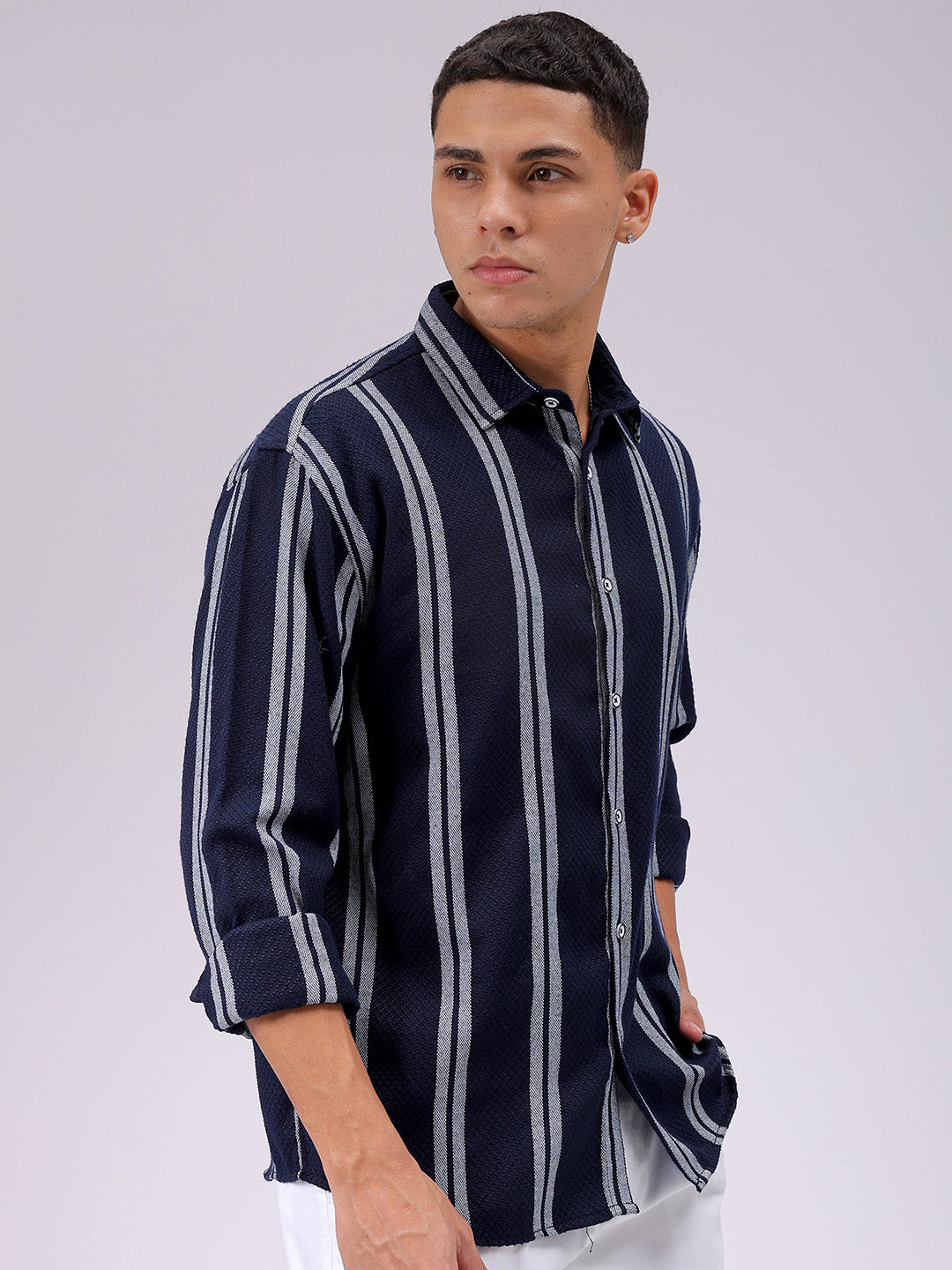 Men's Navy Blue Relaxed Fit Striped Resortwear Shirt