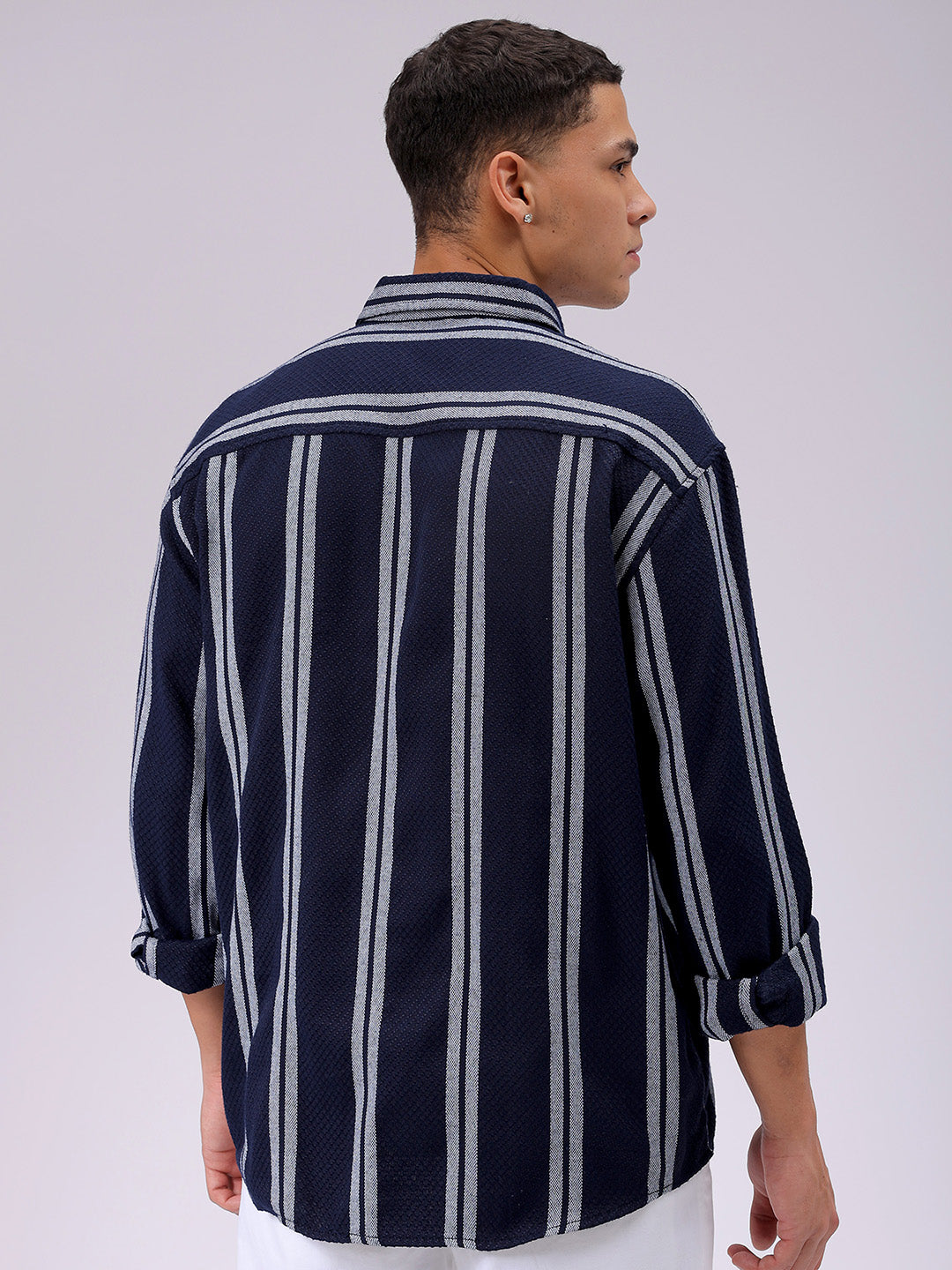 Men's Navy Blue Relaxed Fit Striped Resortwear Shirt