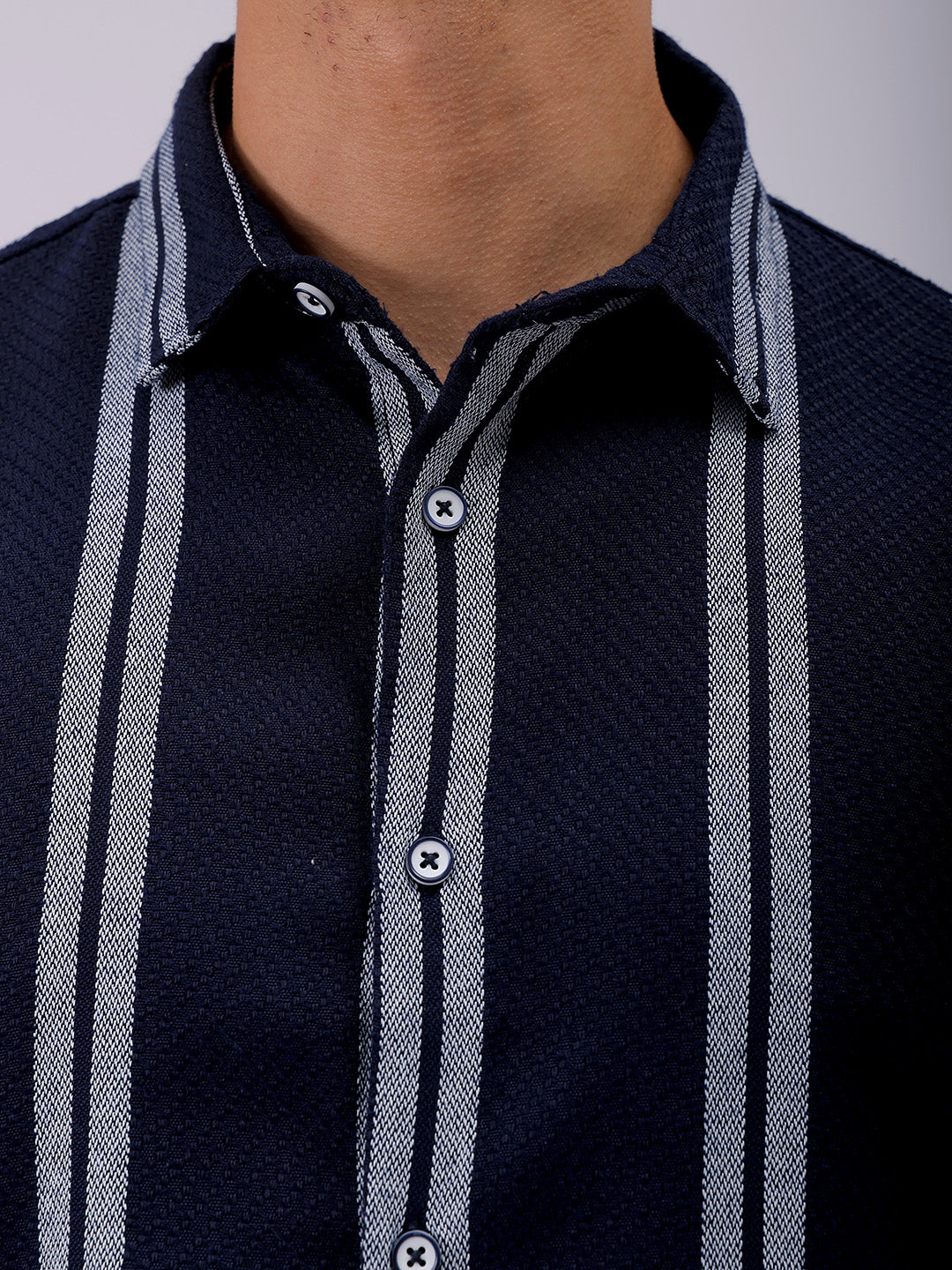 Men's Navy Blue Relaxed Fit Striped Resortwear Shirt