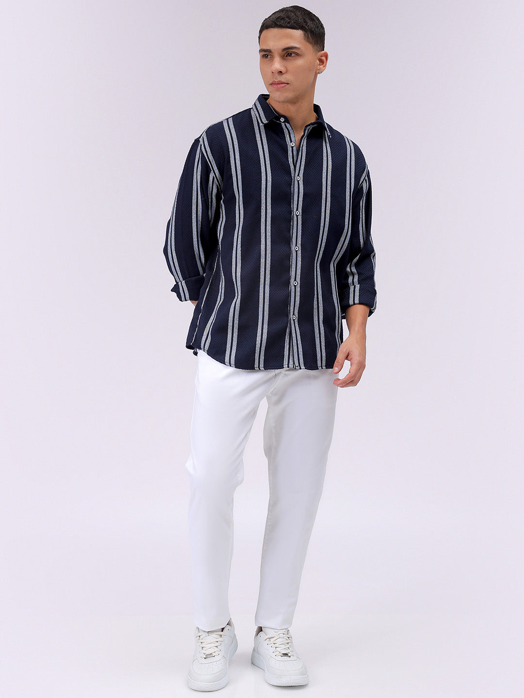 Men's Navy Blue Relaxed Fit Striped Resortwear Shirt