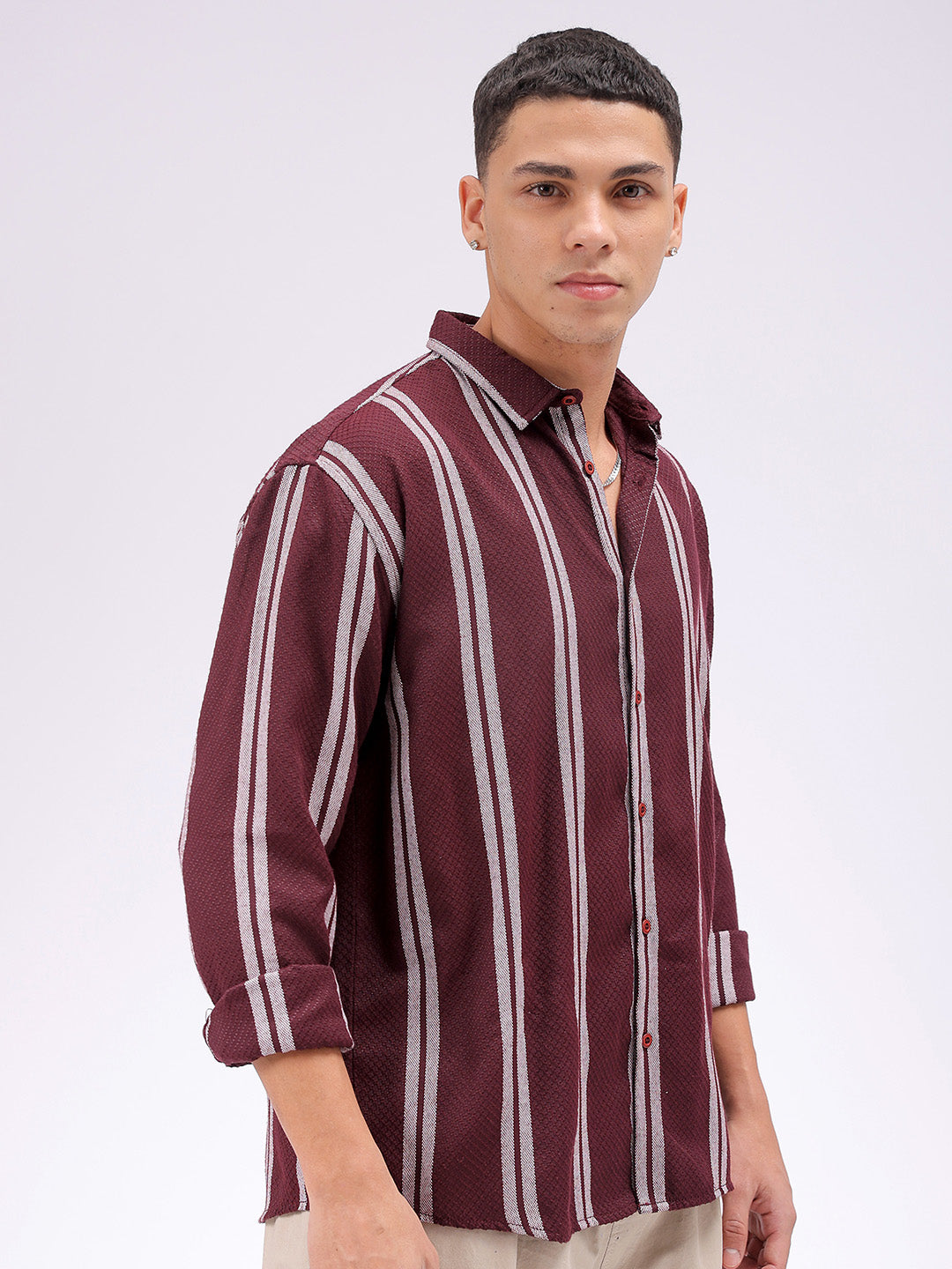 Men's Maroon Relaxed Fit Striped Resortwear Shirt