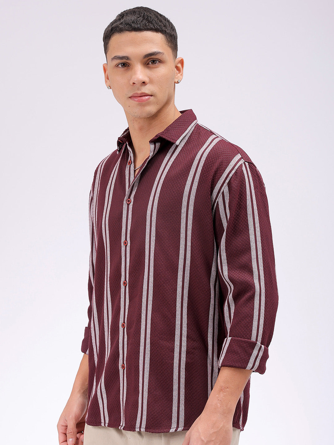 Men's Maroon Relaxed Fit Striped Resortwear Shirt