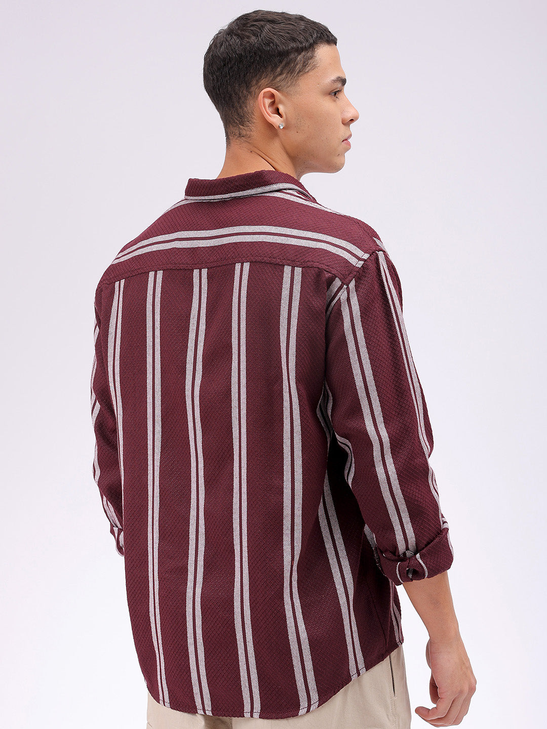 Men's Maroon Relaxed Fit Striped Resortwear Shirt