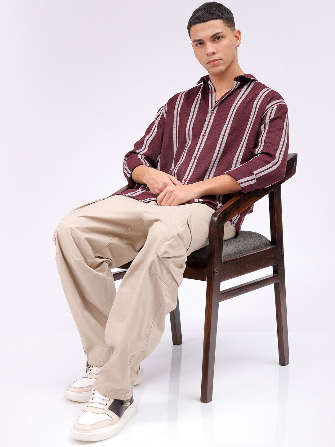 Men's Maroon Relaxed Fit Striped Resortwear Shirt