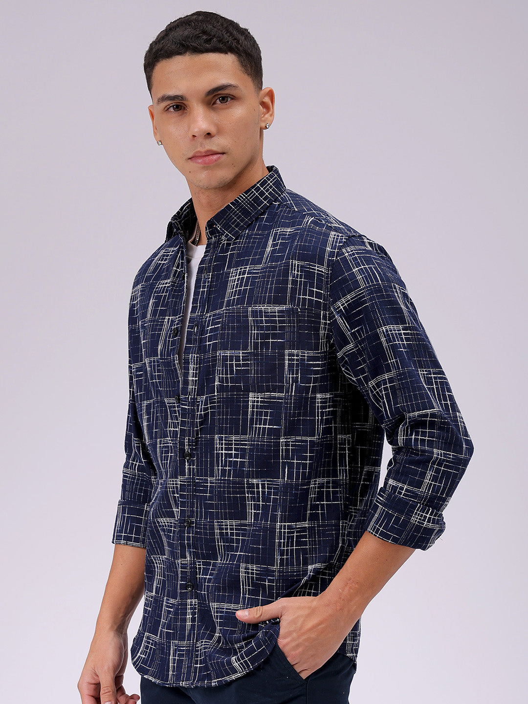 Men's Navy Blue Slim Fit Checked Casual Shirt