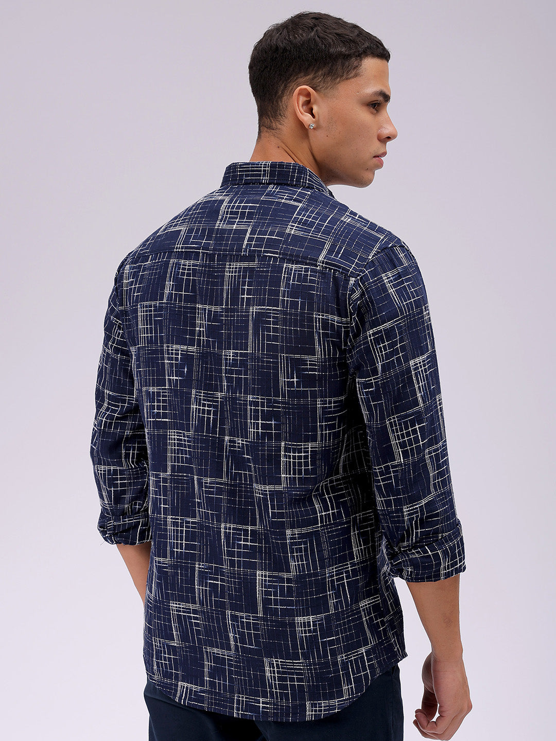 Men's Navy Blue Slim Fit Checked Casual Shirt