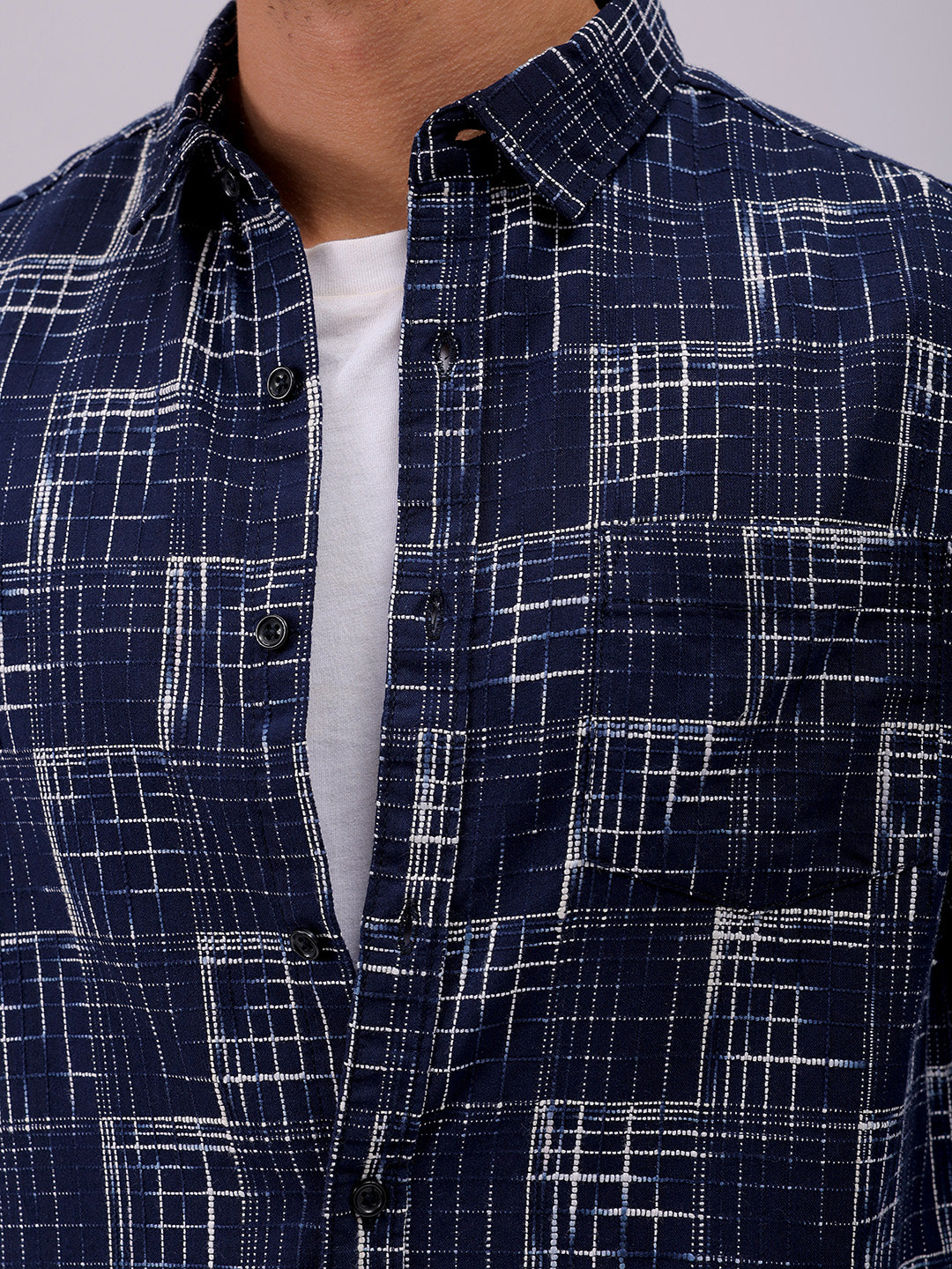 Men's Navy Blue Slim Fit Checked Casual Shirt