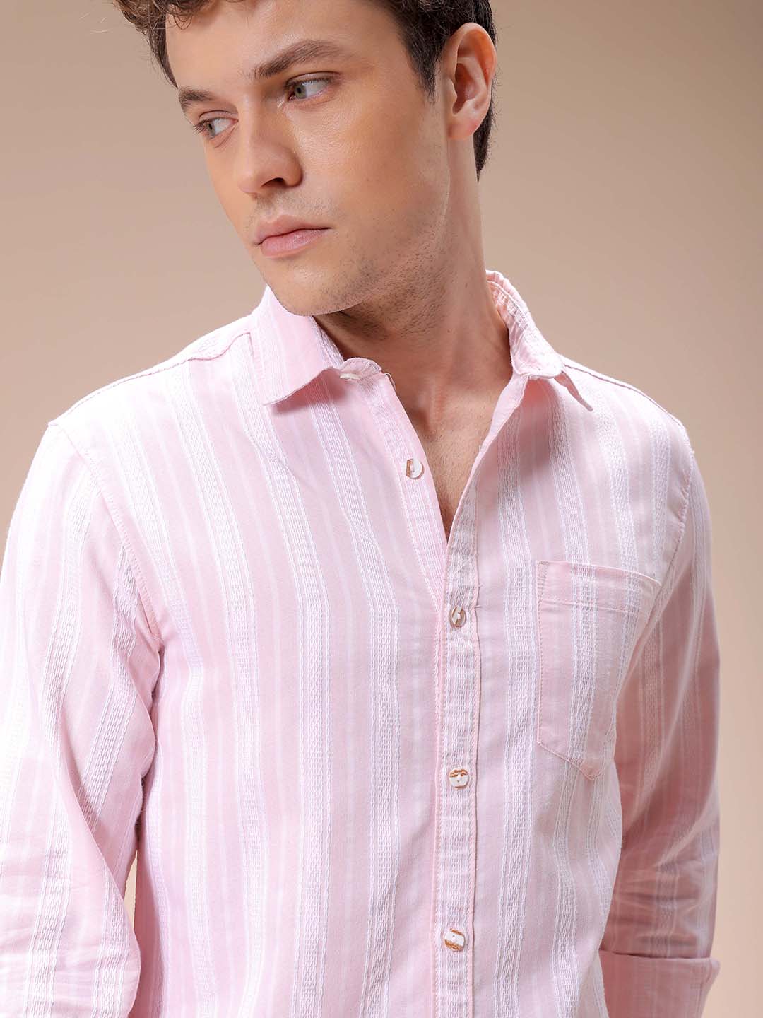 Men's Pink Slim Fit Striped Casual Shirt