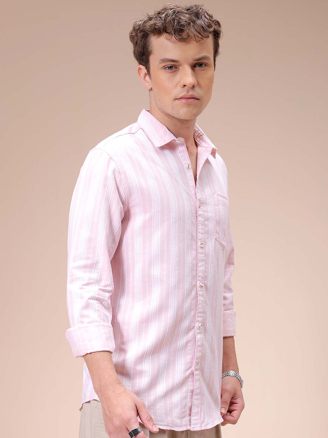 Men's Pink Slim Fit Striped Casual Shirt