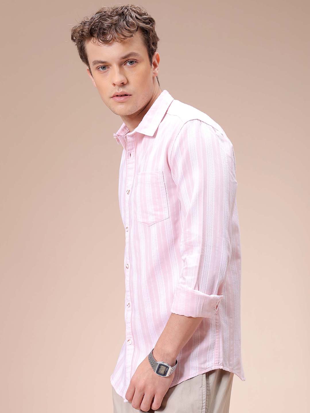 Men's Pink Slim Fit Striped Casual Shirt