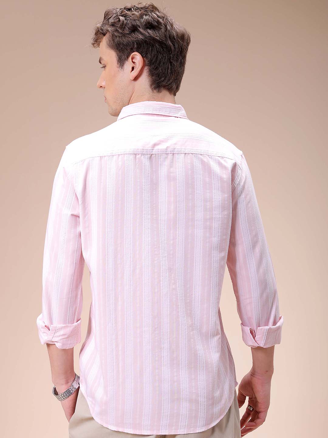 Men's Pink Slim Fit Striped Casual Shirt