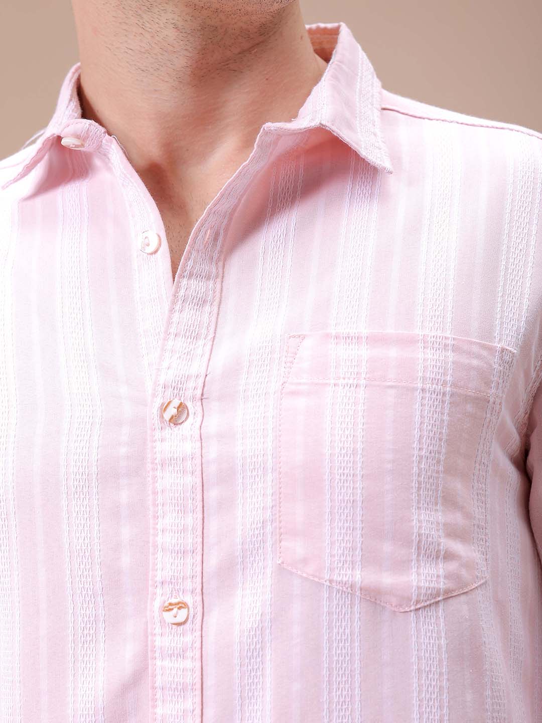 Men's Pink Slim Fit Striped Casual Shirt