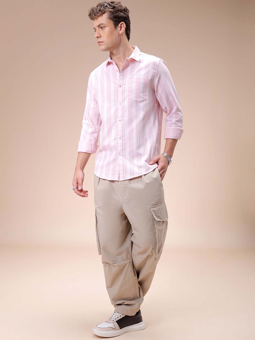 Men's Pink Slim Fit Striped Casual Shirt