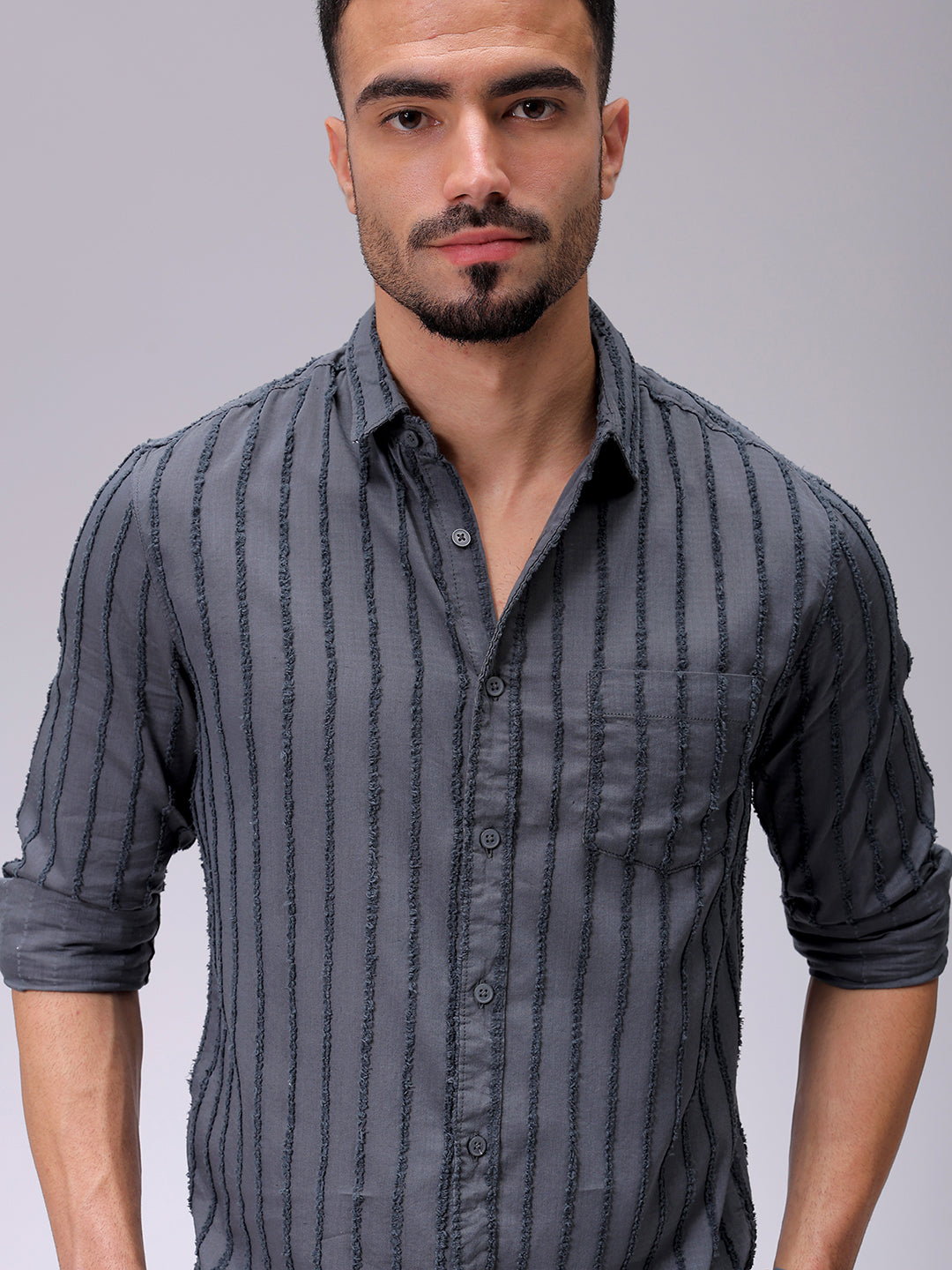 Men's Grey Slim Fit Textured Casual Shirt