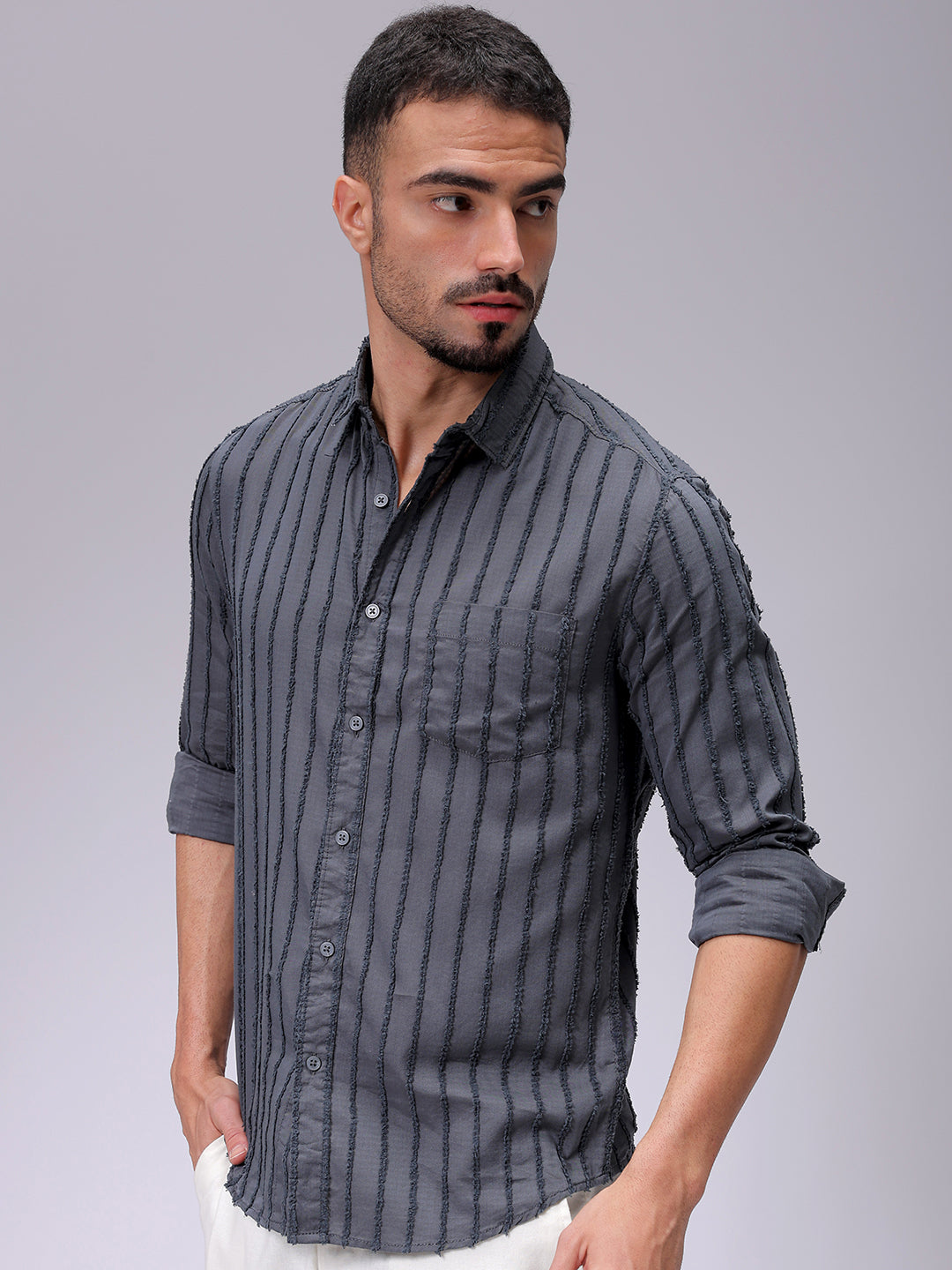 Men's Grey Slim Fit Textured Casual Shirt