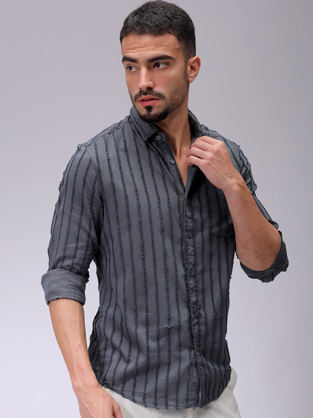 Men's Grey Slim Fit Textured Casual Shirt
