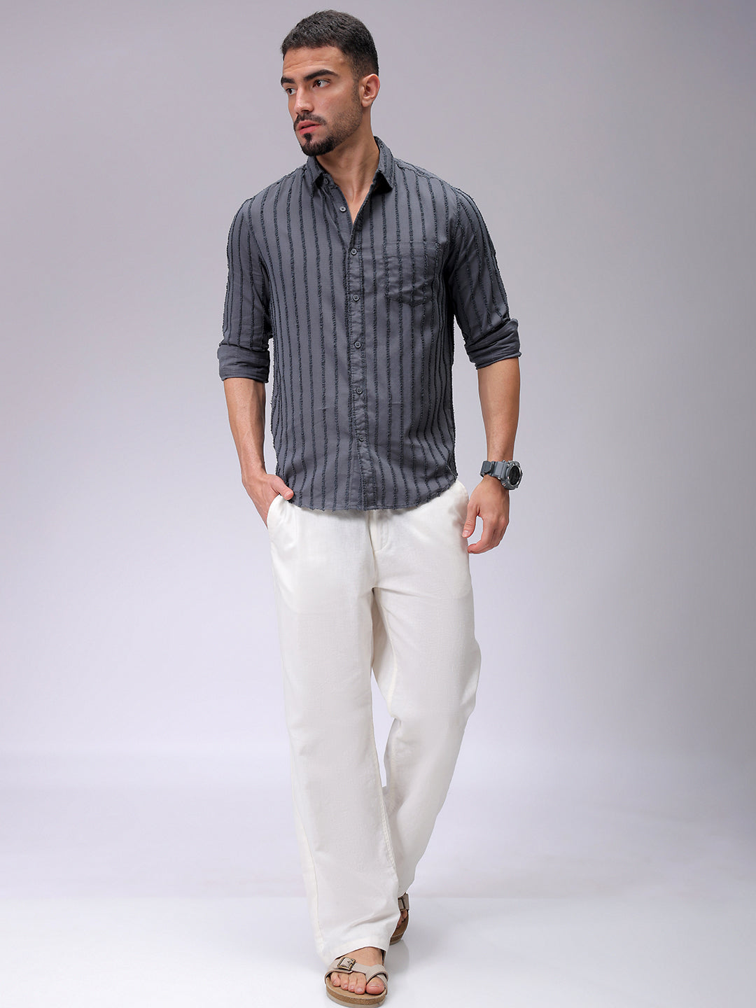 Men's Grey Slim Fit Textured Casual Shirt