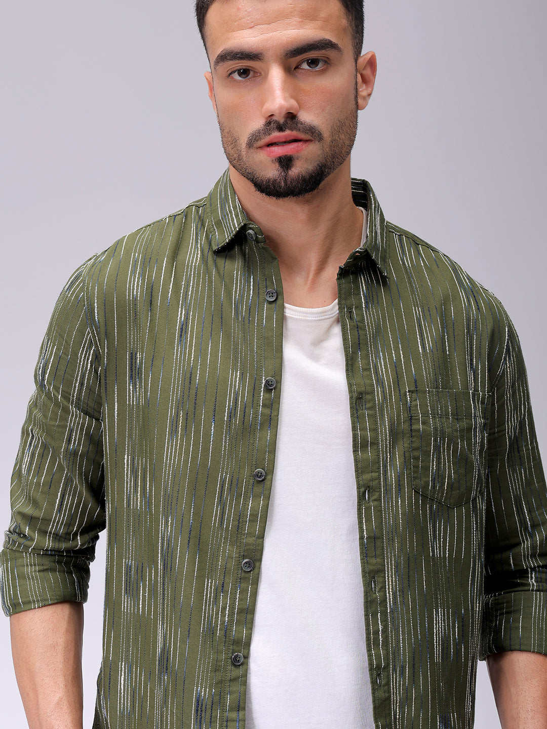 Men's Olive Slim Fit Striped Casual Shirt
