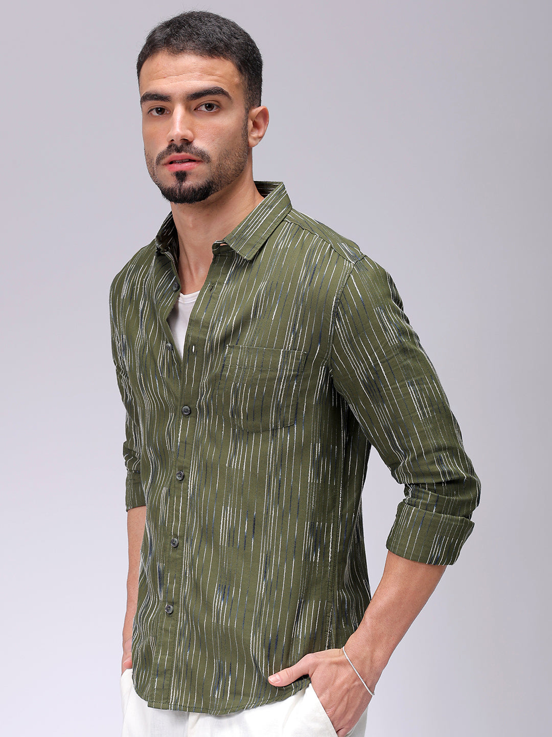 Men's Olive Slim Fit Striped Casual Shirt
