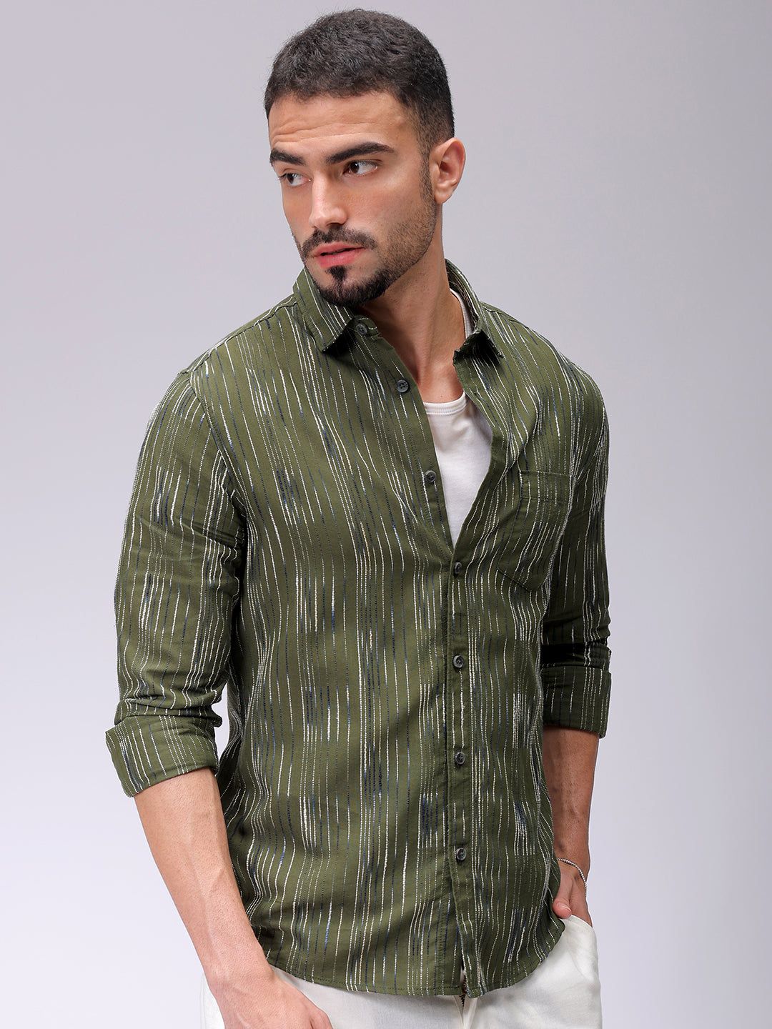 Men's Olive Slim Fit Striped Casual Shirt