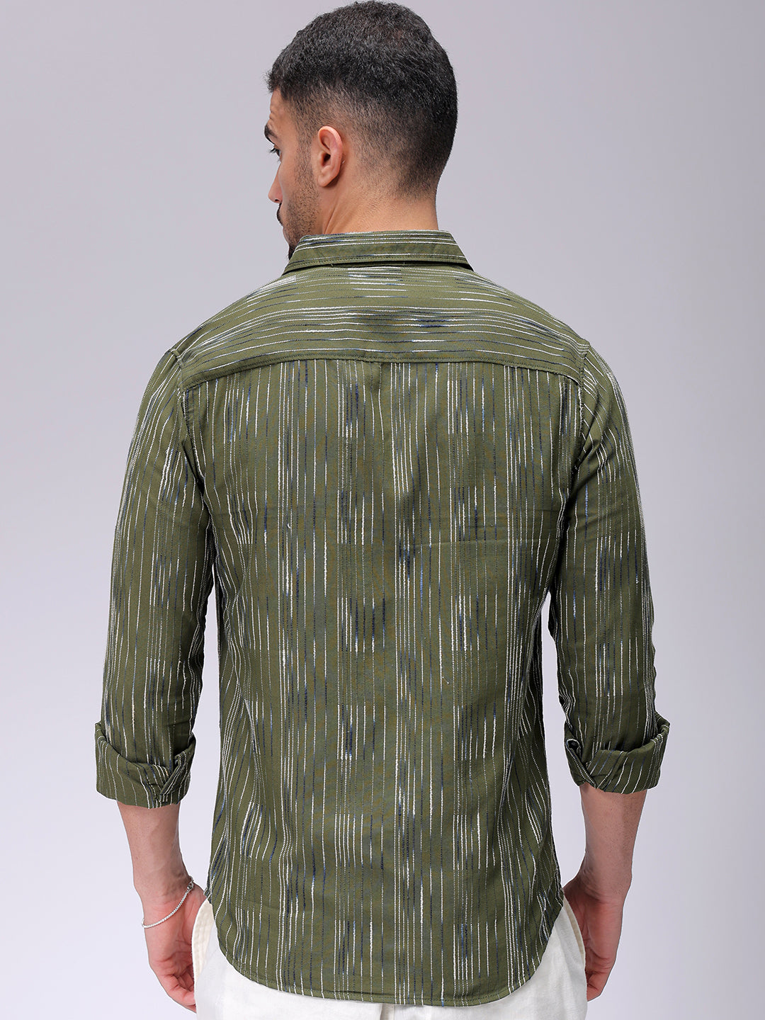Men's Olive Slim Fit Striped Casual Shirt