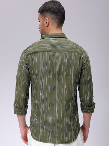 Men's Olive Slim Fit Striped Casual Shirt