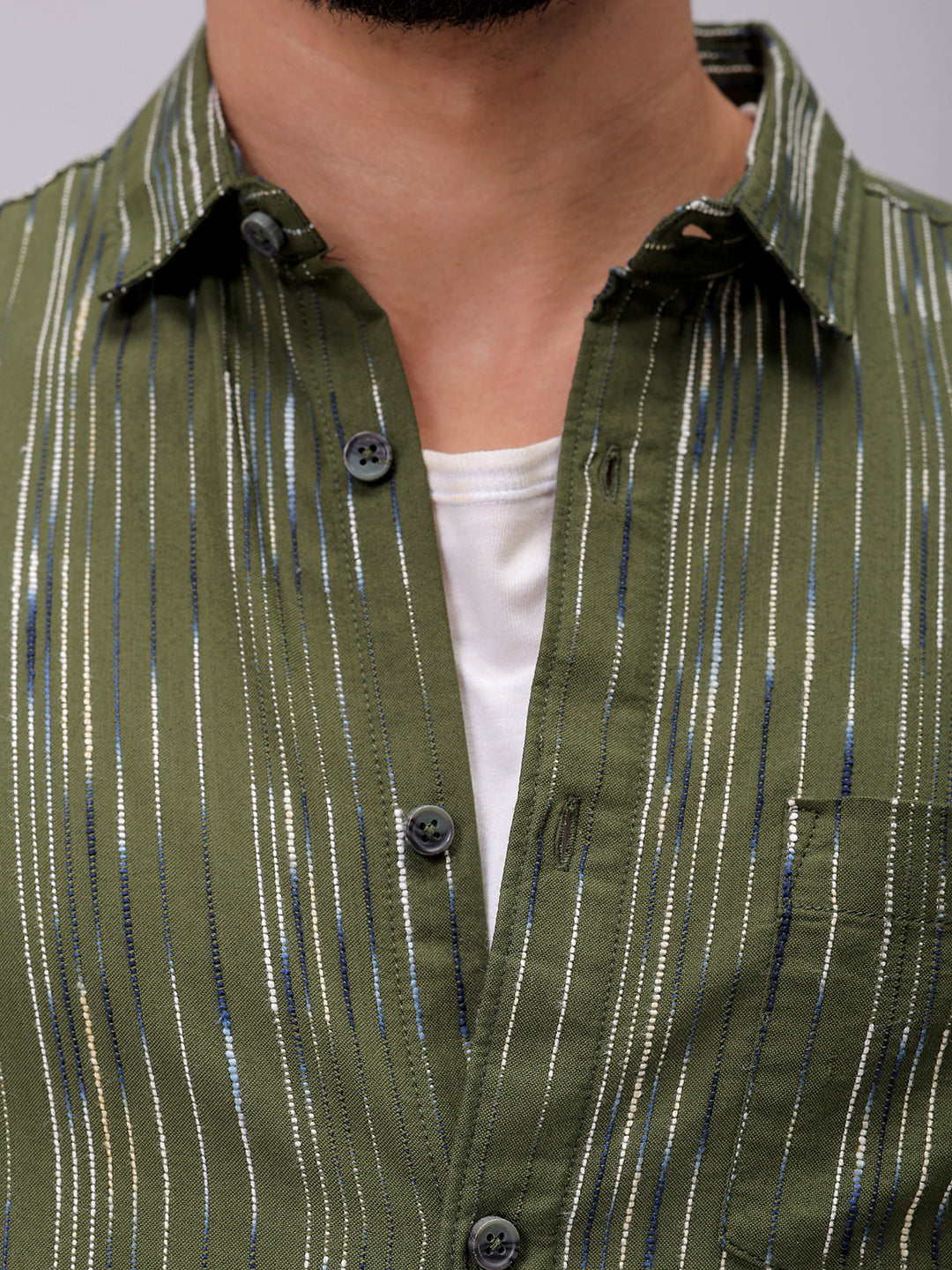 Men's Olive Slim Fit Striped Casual Shirt