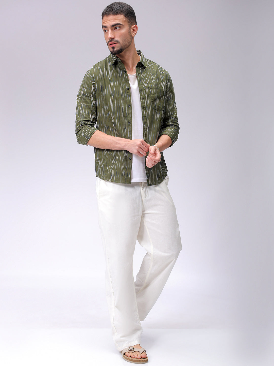 Men's Olive Slim Fit Striped Casual Shirt